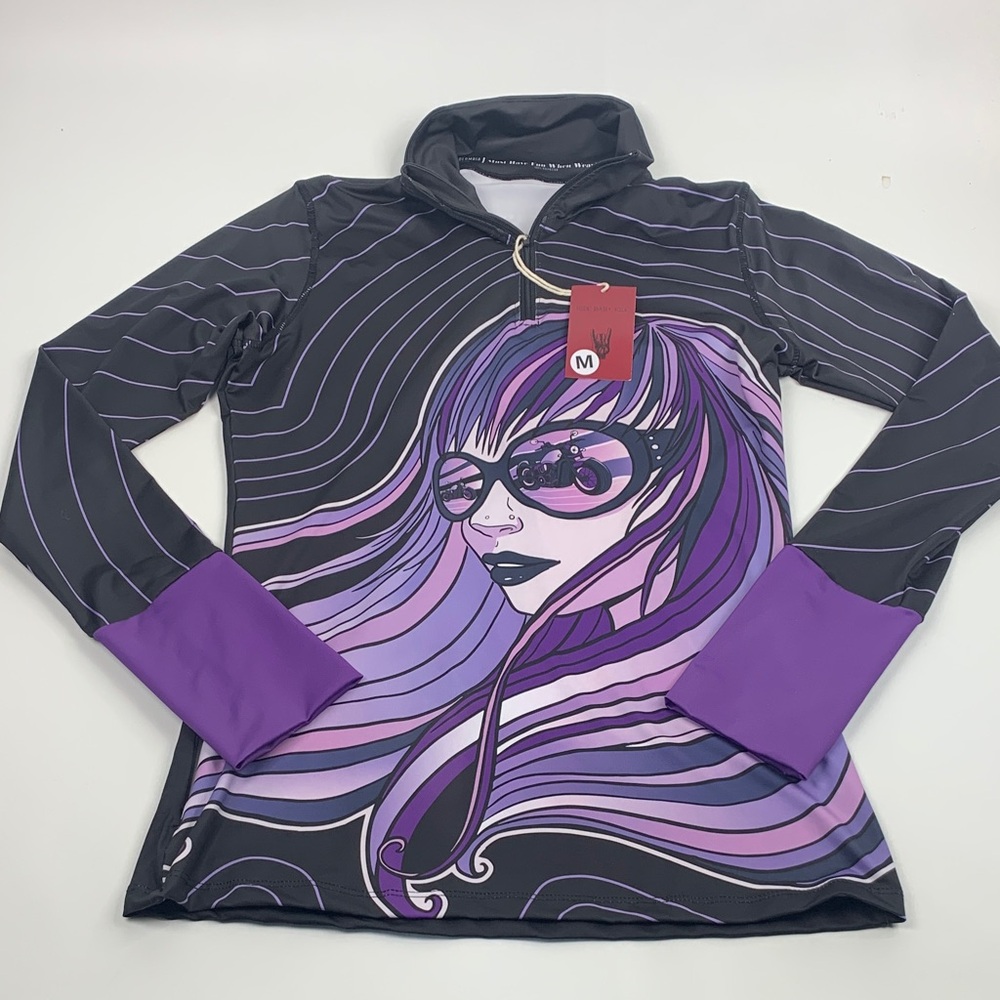 Just Ride Graphic Long Sleeve Quarter Zip Pullover Top Purple Girl Ride NEW